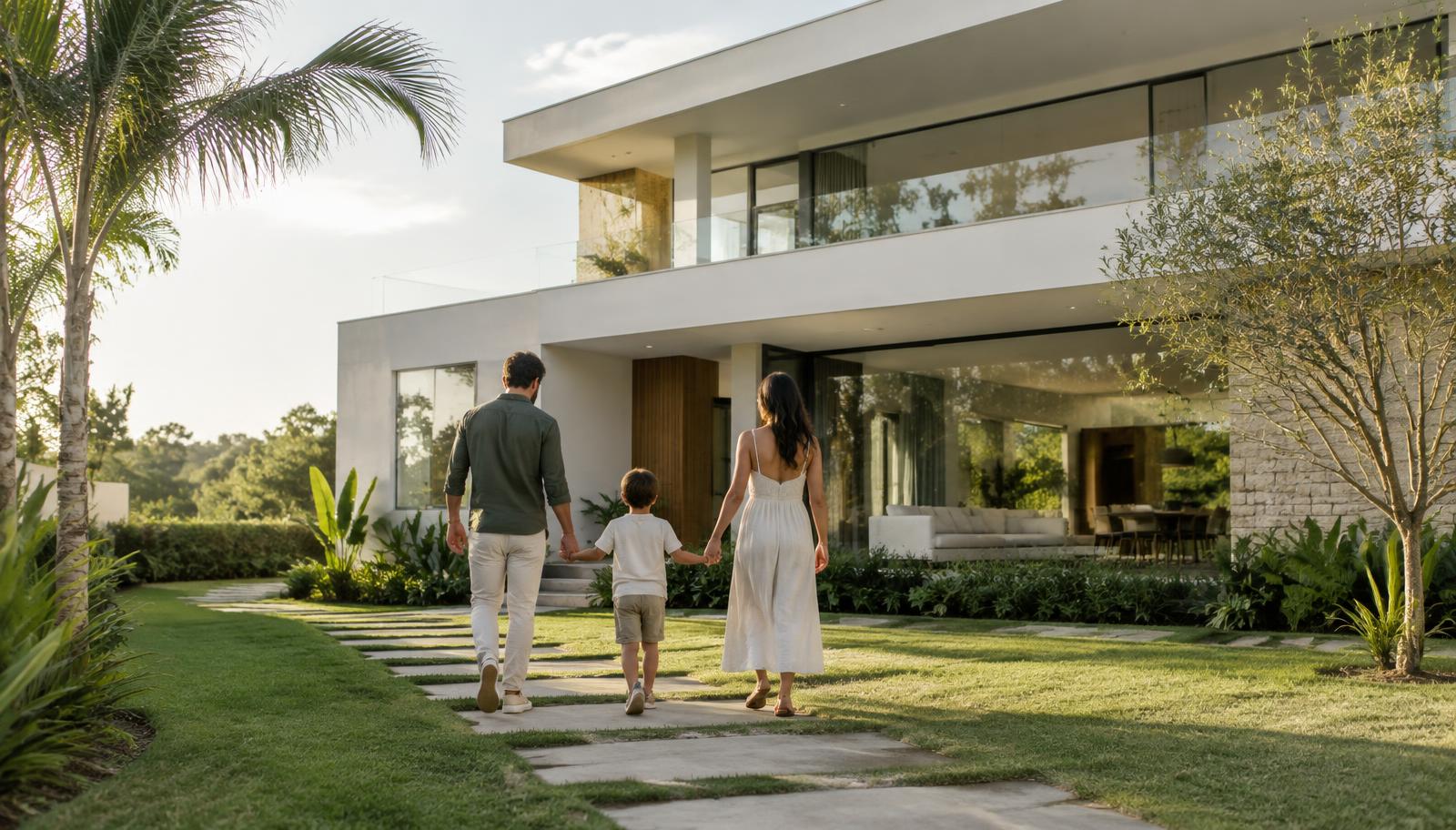 Imagem ilustrativa de uma família caminhando em direção a uma casa
